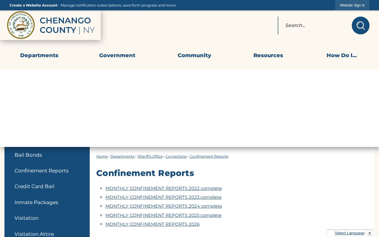 Chenango County confinement reports official aggregate corrections records